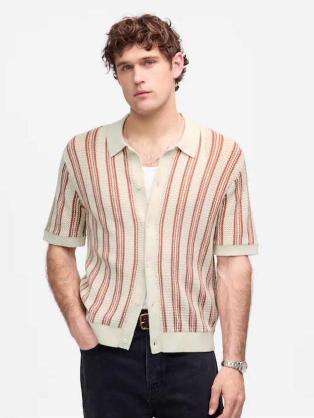 Madewell Men's Cream & Rust Stripe Short-Sleeve Knit Shirt Sweater